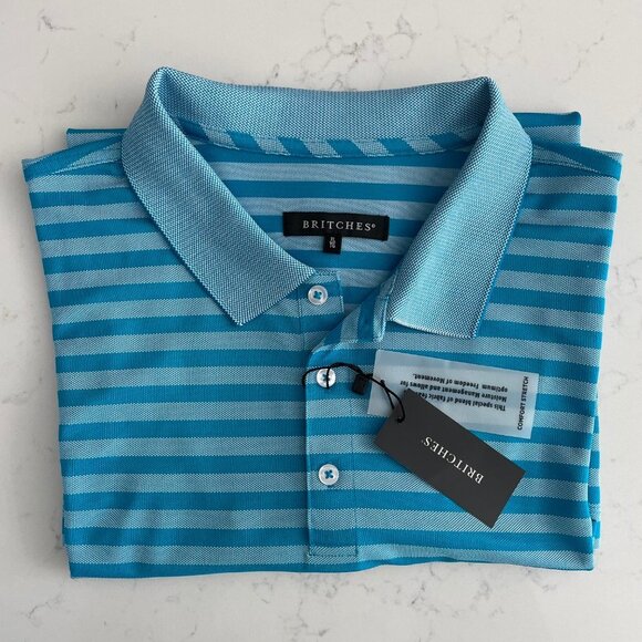 Britches SS 3 Button Pull On Striped Poly Blend Polo Shirt Teal Blue Sz XL NWT - Picture 11 of 13